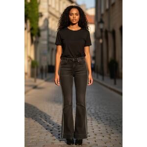 Driftwood black flare jeans side tuxedo beading sz 28 waist 34 inseam WJ51